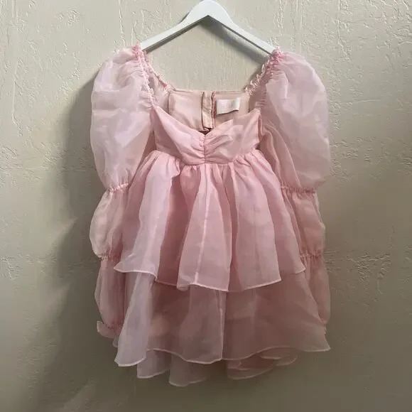 Selkie Ballerina Pink Long Sleeve Tiered Chiffon Puff Mini Moonlight Dress - Picture 6 of 10